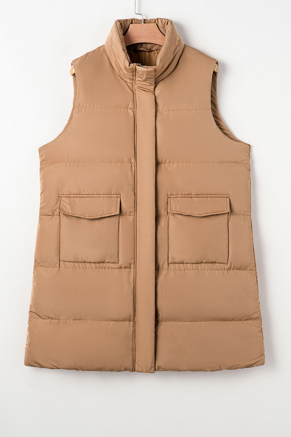 Coffee Windproof Longline Full Zipper Puffer Vest with Pockets - Little Miss Vanilla