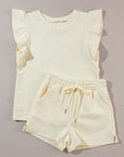 Apricot Textured Ruffled Sleeve Tee and Drawstring Shorts Set