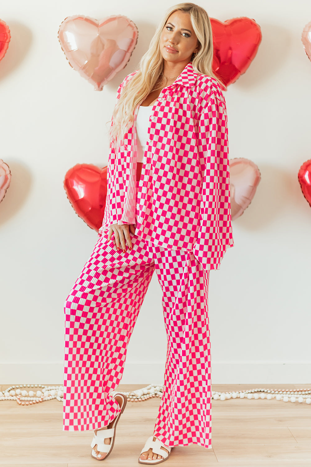 Pink Checkered Buttoned Shirt and High Waist Pants Pajama Set - Little Miss Vanilla