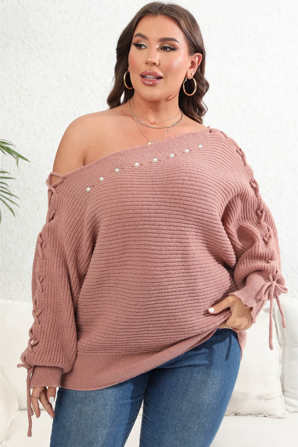 Plus Size One Shoulder Beaded Sweater - Little Miss Vanilla