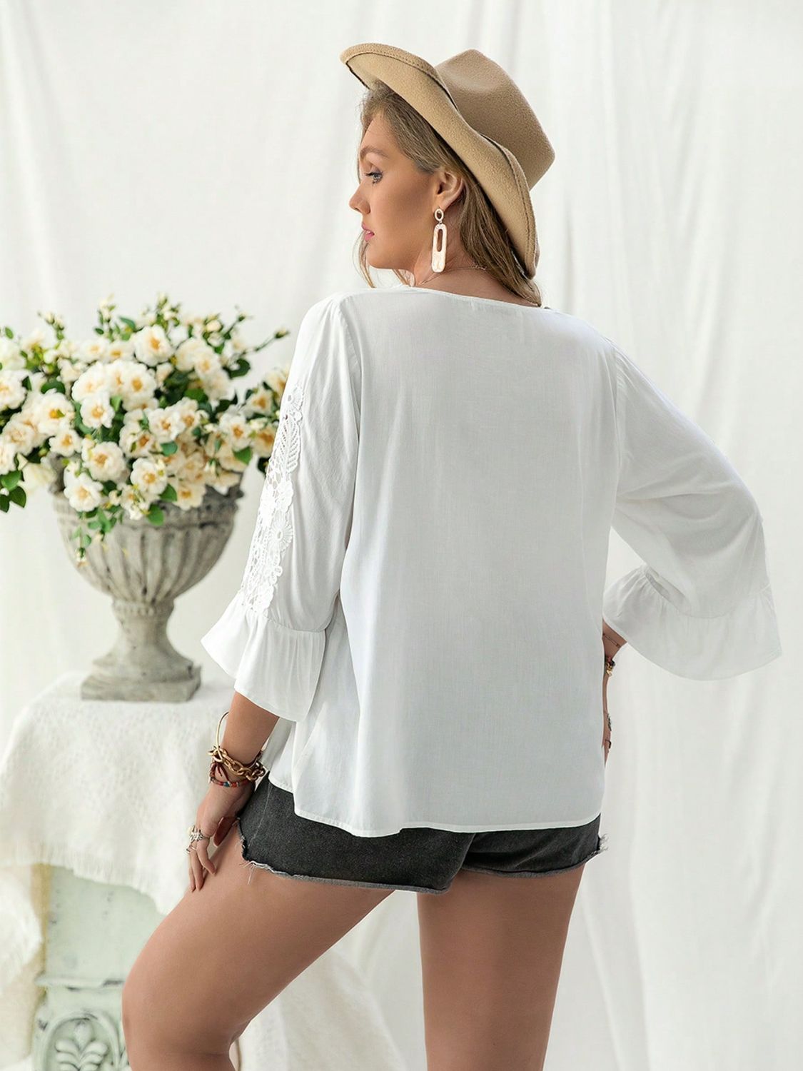 Plus Size Lace Detail V-Neck Three-Quarter Sleeve Blouse - Little Miss Vanilla