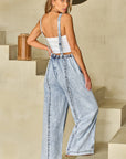 Beau Blue Light Wash Frayed Exposed Seam Wide Leg Denim Overall