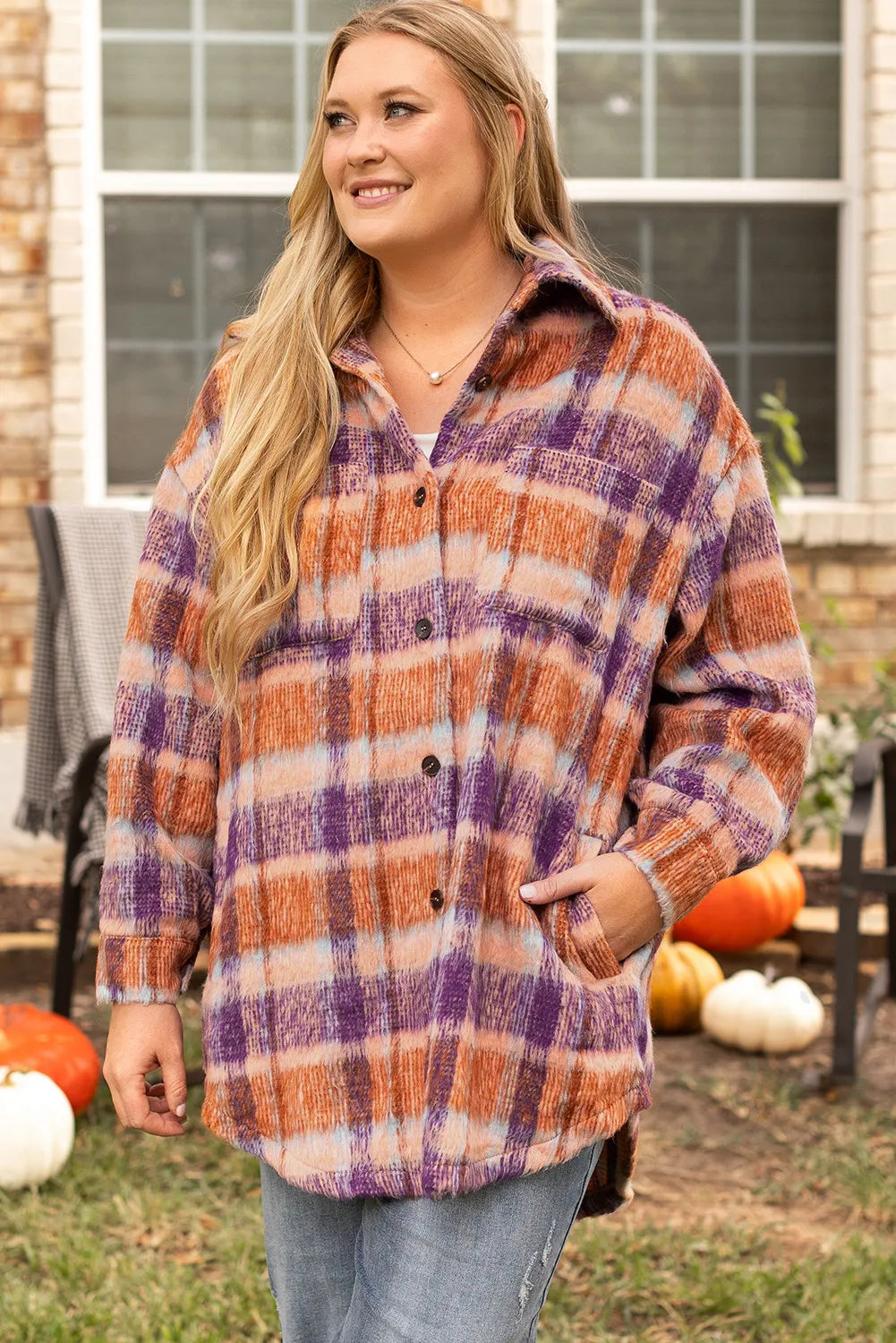 Plus Size Plaid Collared Neck Long Sleeve Jacket - Little Miss Vanilla