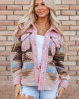 Pink Western Aztec Print Sherpa Splicing Buttoned Flap Pocket Coat - Little Miss Vanilla