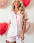 Pink Bowknot Printed Short Sleeve and Ruffled Shorts Pajama Set - Little Miss Vanilla