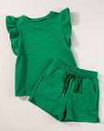 Bright Green Textured Ruffled Sleeve Tee and Drawstring Shorts Set