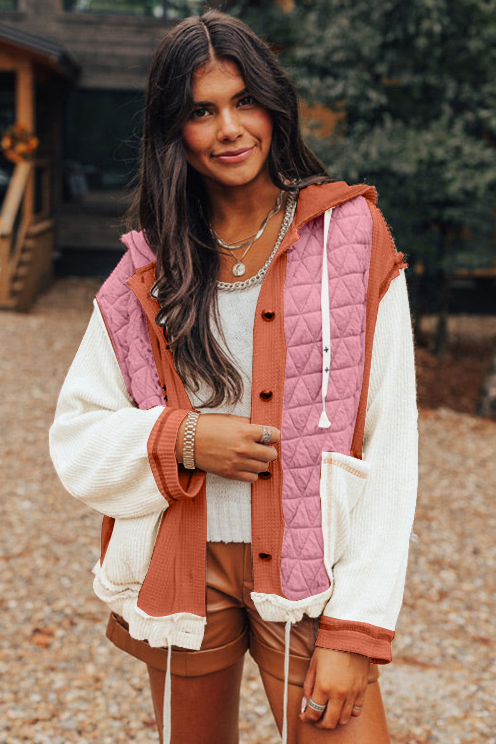 Coral Quilted Textured Patchwork Loose Fit Hooded Jacket - Little Miss Vanilla