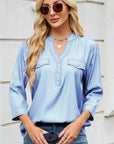 Notched Three-Quarter Sleeve Denim Top - Little Miss Vanilla