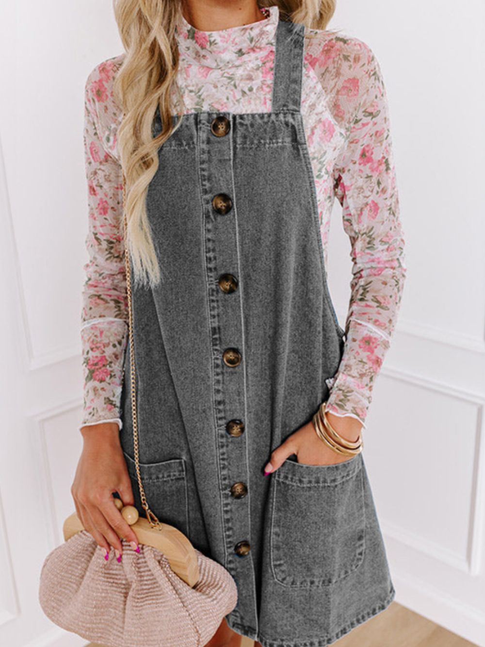 Wide Strap Button Down Denim Overall Dress - Little Miss Vanilla