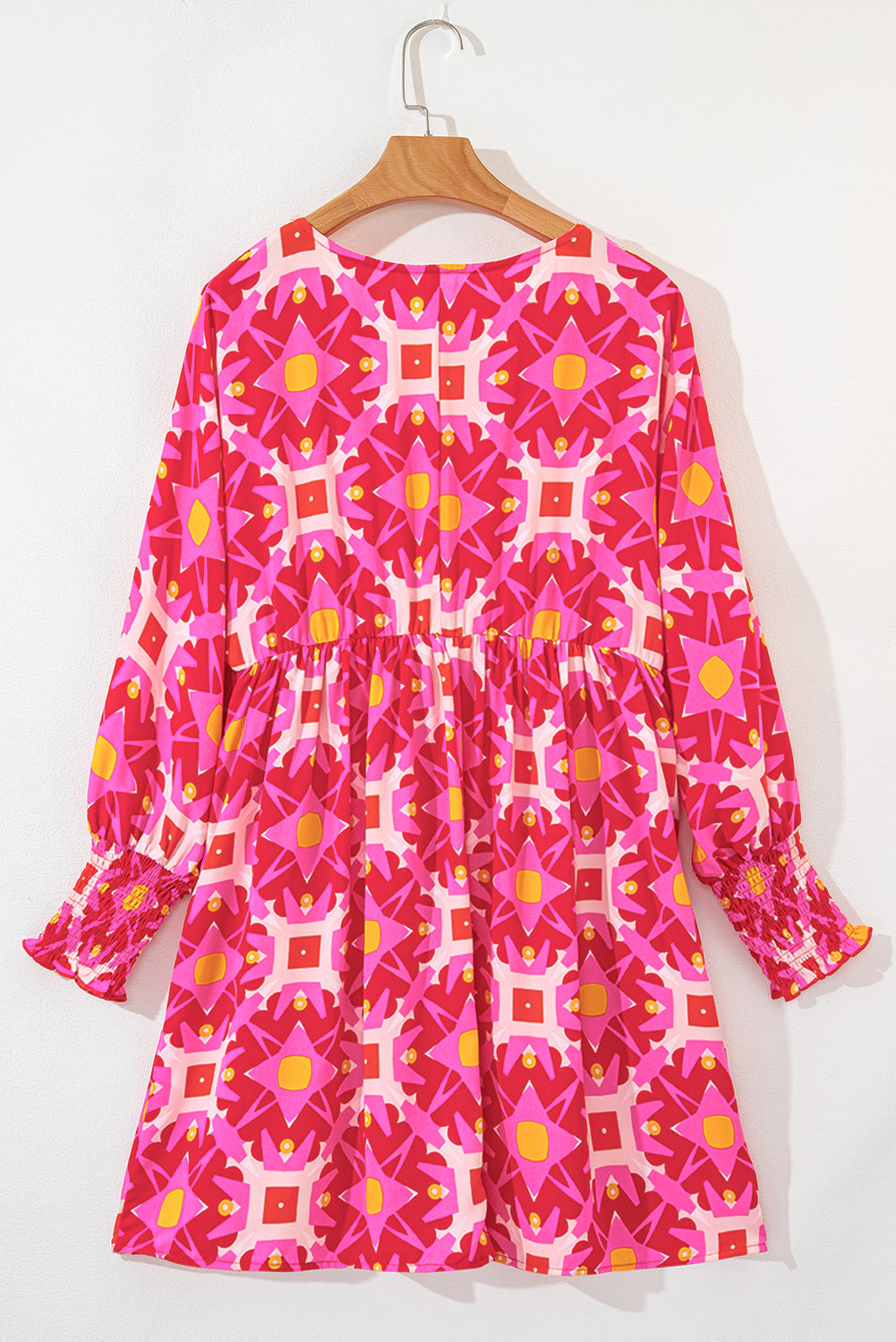 Strawberry Pink Geometric Print Smocked Long Sleeve Mini Dress - Little Miss Vanilla