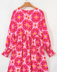 Strawberry Pink Geometric Print Smocked Long Sleeve Mini Dress - Little Miss Vanilla