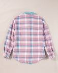 Pink Plaid Print Color Block Collared Flap Pockets Loose Shacket