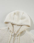 Beige Fleece Zip Up Drawstring Hooded Pocketed Jacket - Little Miss Vanilla