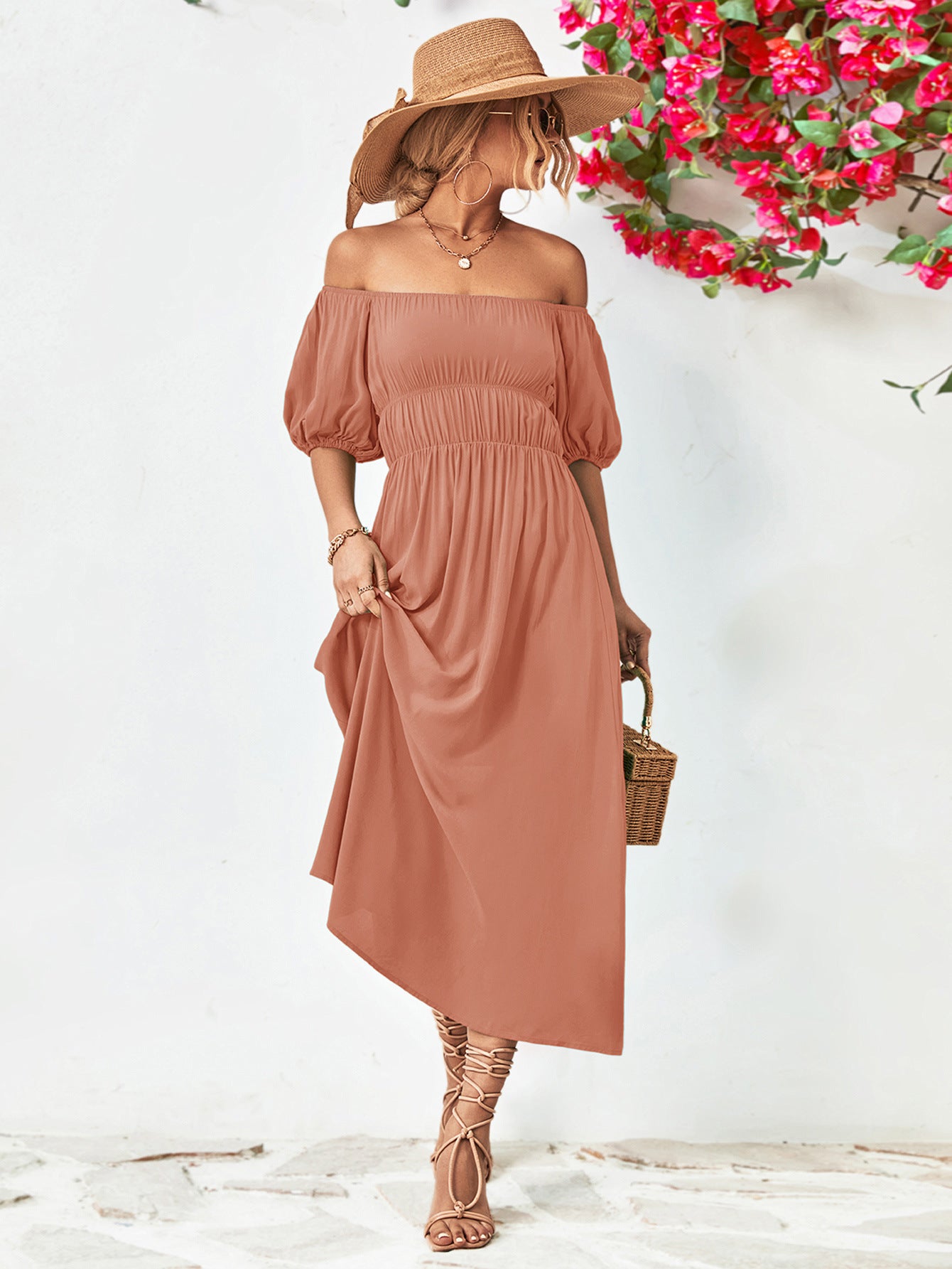 Off-Shoulder Balloon Sleeve Midi Dress - Little Miss Vanilla