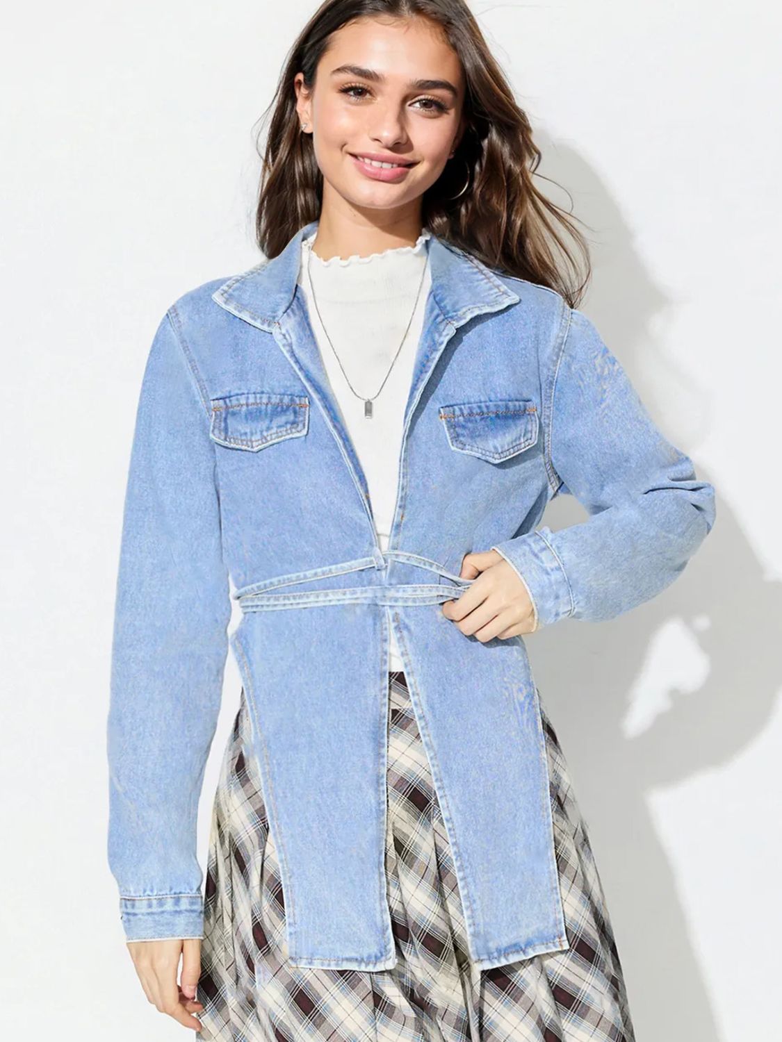 Asymmetric Slit Collared Neck Long Denim Top - Little Miss Vanilla