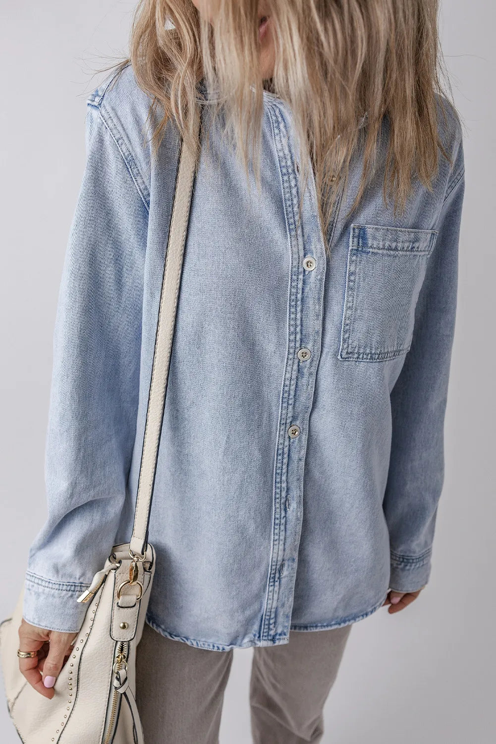 Pocketed Collared Neck Denim Top - Little Miss Vanilla