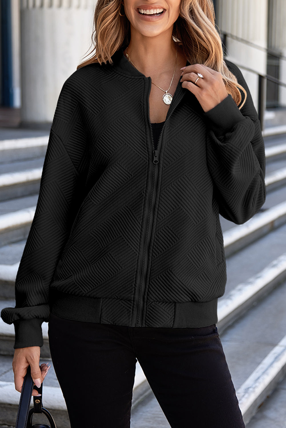 Black Solid Textured Stand Neck Zipper Bomber Jacket - Little Miss Vanilla