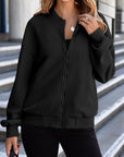 Black Solid Textured Stand Neck Zipper Bomber Jacket - Little Miss Vanilla