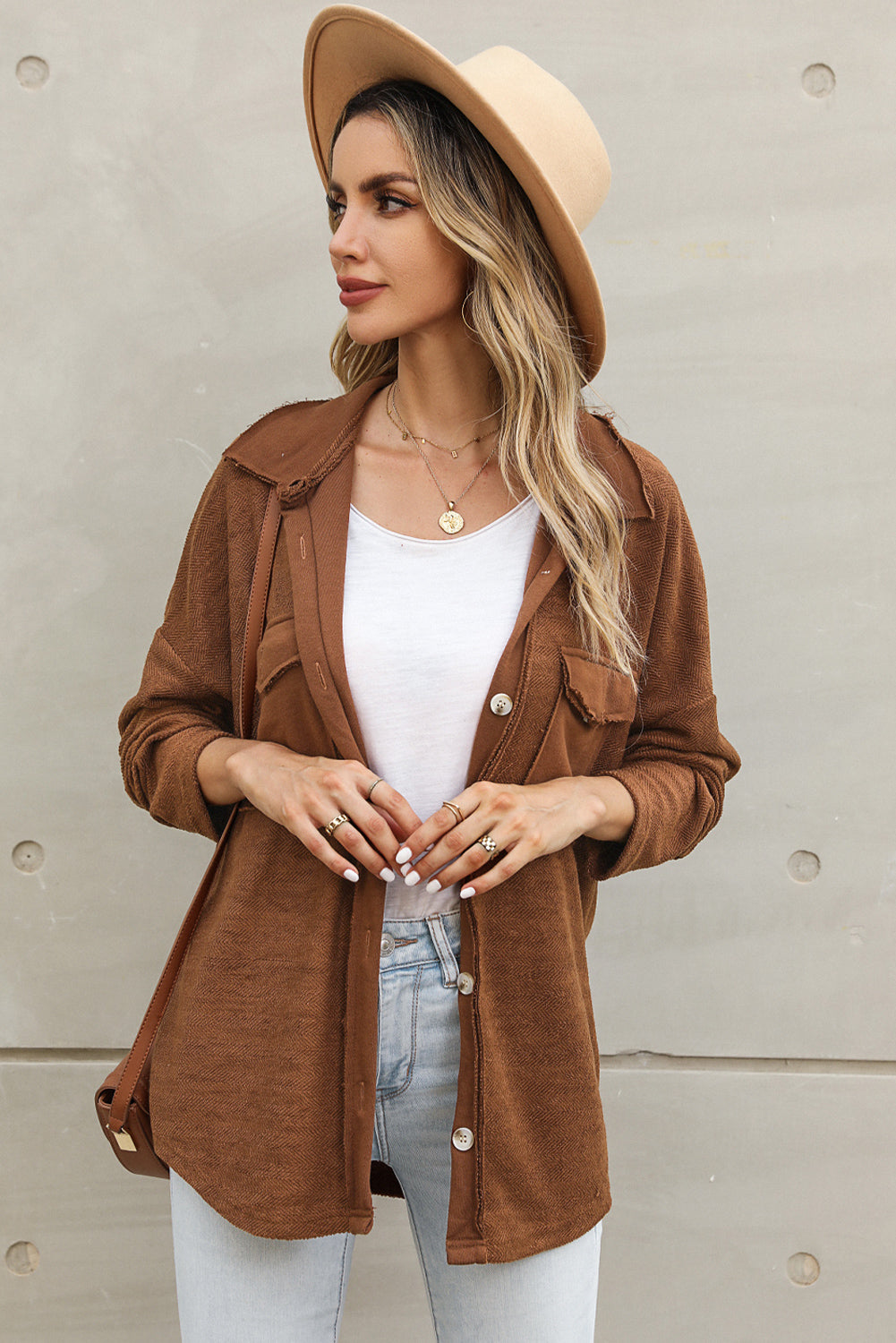 Brown Contrast Flap Pockets Relaxed Shacket - Little Miss Vanilla