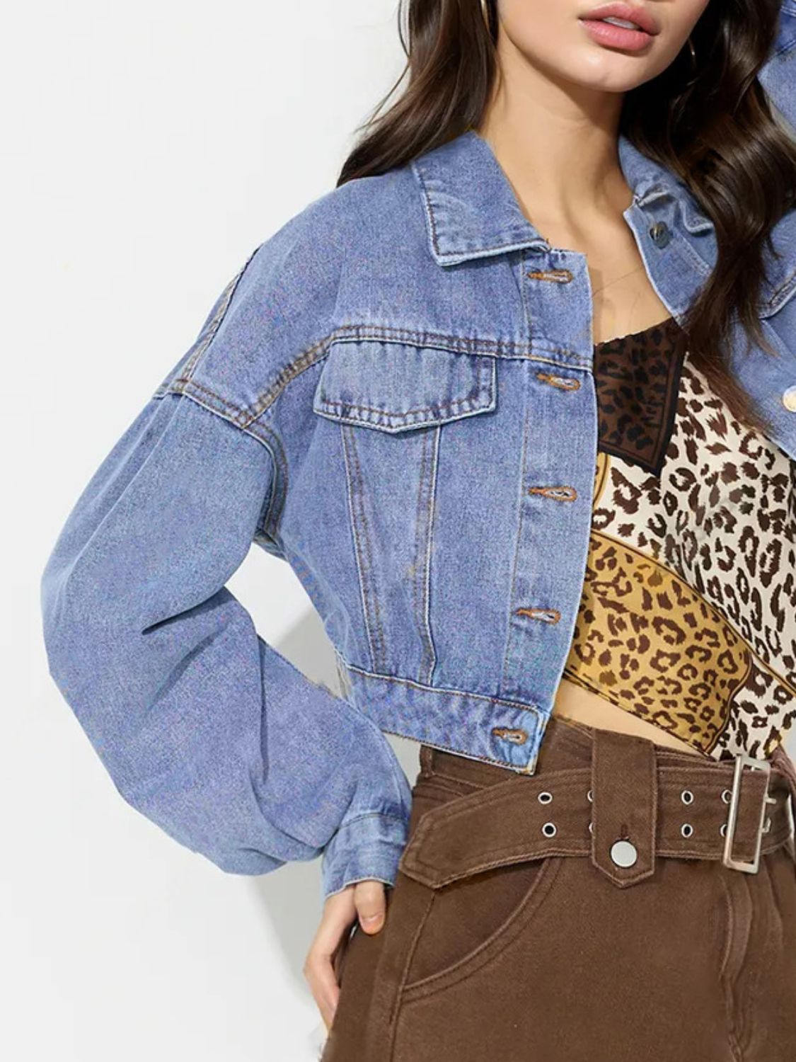 Collared Neck Dropped Shoulder Cropped Denim Top - Little Miss Vanilla