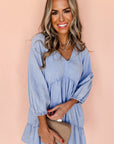 Beau Blue Puff Sleeve V Neck Tiered Ruffled Chambray Mini Dress - Little Miss Vanilla