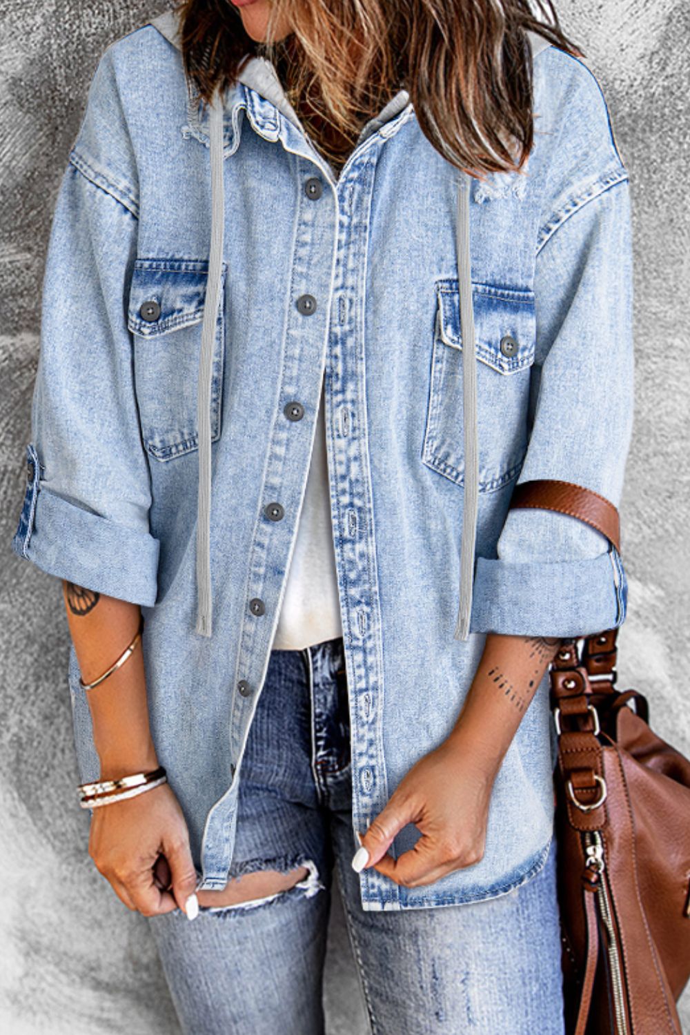 Distressed Button Up Hooded Denim Jacket with Pockets - Little Miss Vanilla