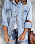 Distressed Button Up Hooded Denim Jacket with Pockets - Little Miss Vanilla