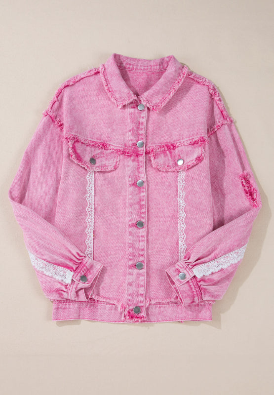 Lace Detail Distressed Button Up Denim Jacket - Little Miss Vanilla