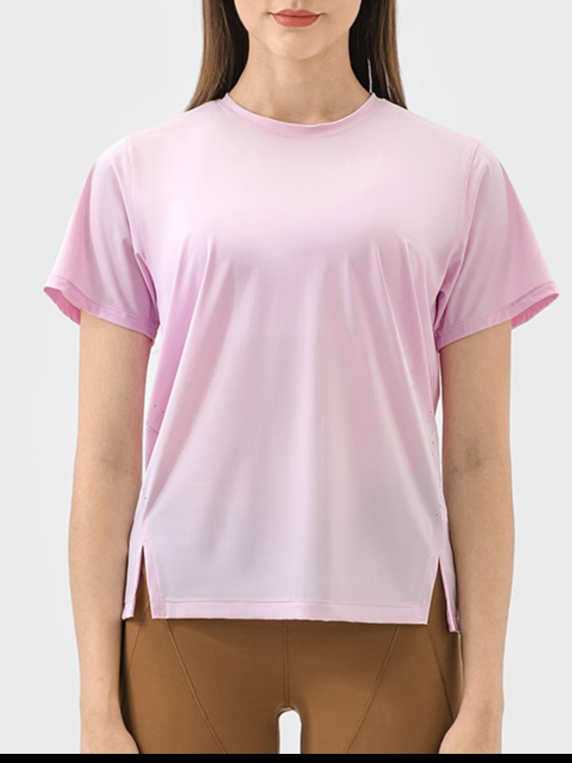 Millennia Slit Round Neck Short Sleeve Active T-Shirt - Little Miss Vanilla