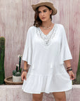 Plus Size Lace Detail Tie Neck Three-Quarter Sleeve Mini Dress - Little Miss Vanilla