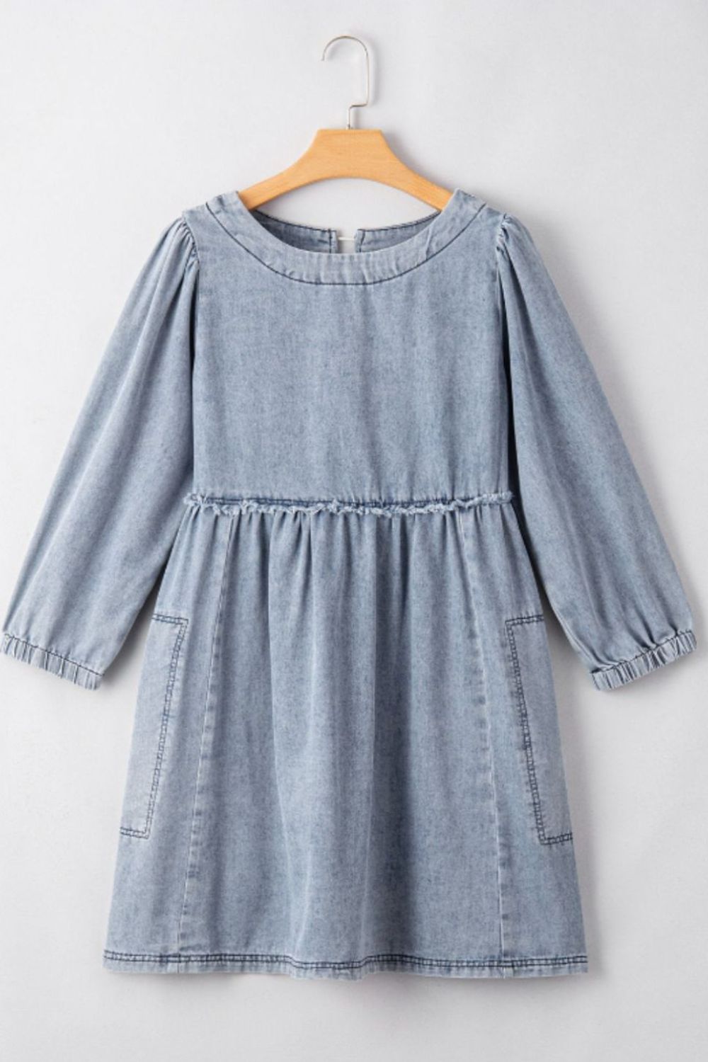 Cutout Round Neck Balloon Sleeve Denim Dress - Little Miss Vanilla