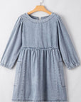 Cutout Round Neck Balloon Sleeve Denim Dress - Little Miss Vanilla