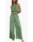 Summer Suits Casual Sleeveless Midriff-baring Top And Wide Leg Pants 2pcs Set Womens Clothing