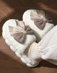 White Contrast Bowknot Applique Plush Winter Slippers (Bow Colors May Differ by Batch)