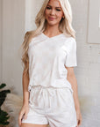 Beige Checkered V Neck Tee Drawstring Shorts Lounge Set