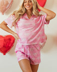 Pink Waffle Knit Bowknot Printed V Neck T Shirt and Shorts Set - Little Miss Vanilla