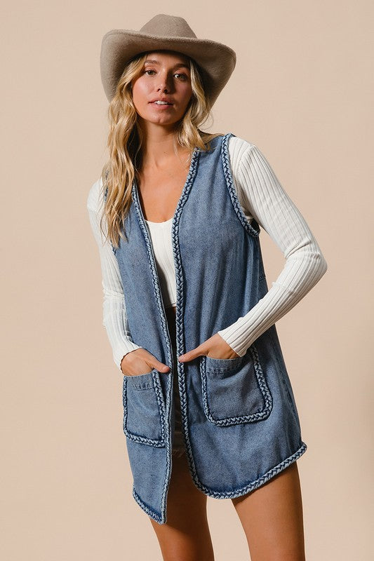 BiBi Braided Trim Open Front Denim Vest with Pockets - Little Miss Vanilla