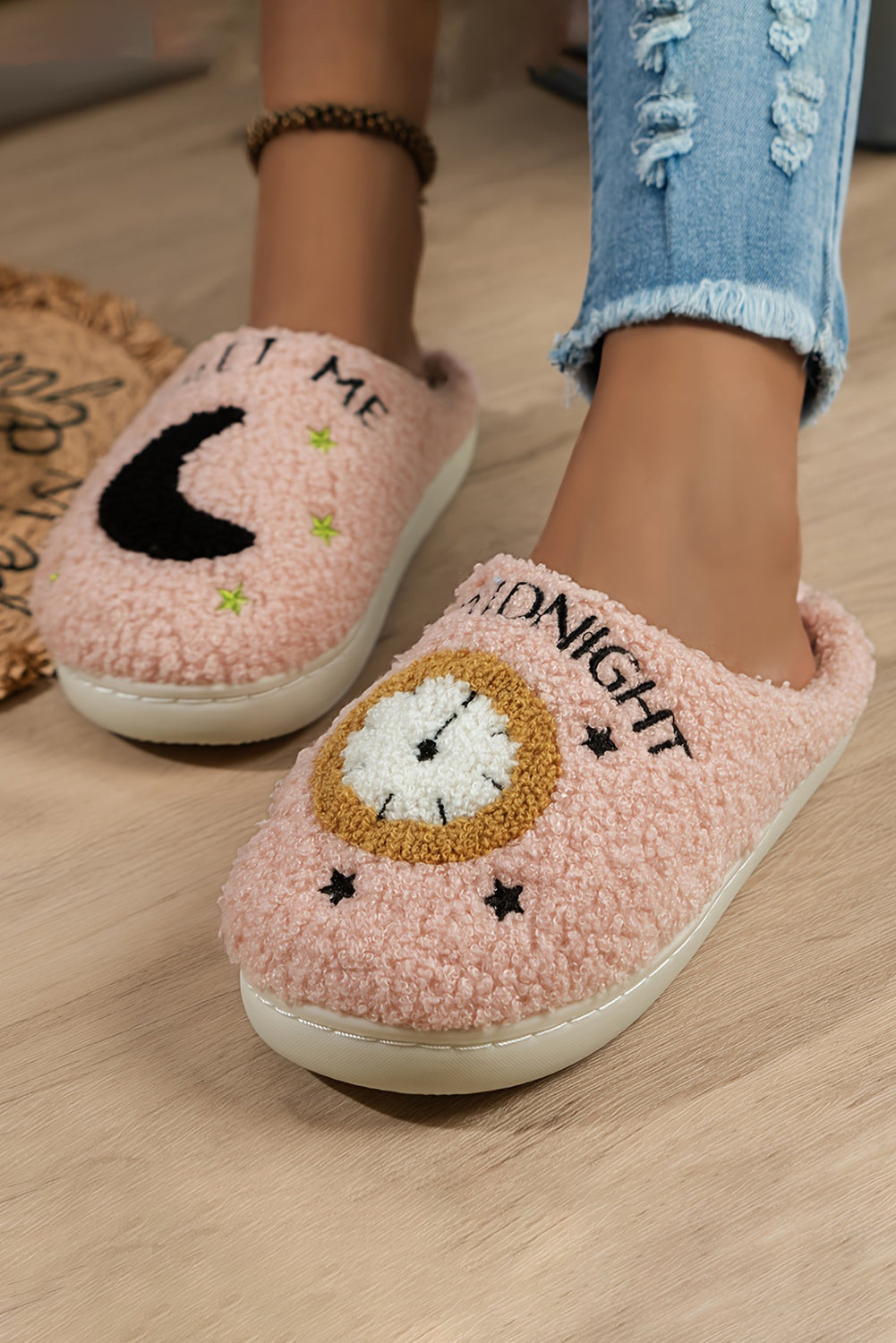 Light Pink Moon & Clock Pattern Fuzzy Home Slippers - Little Miss Vanilla