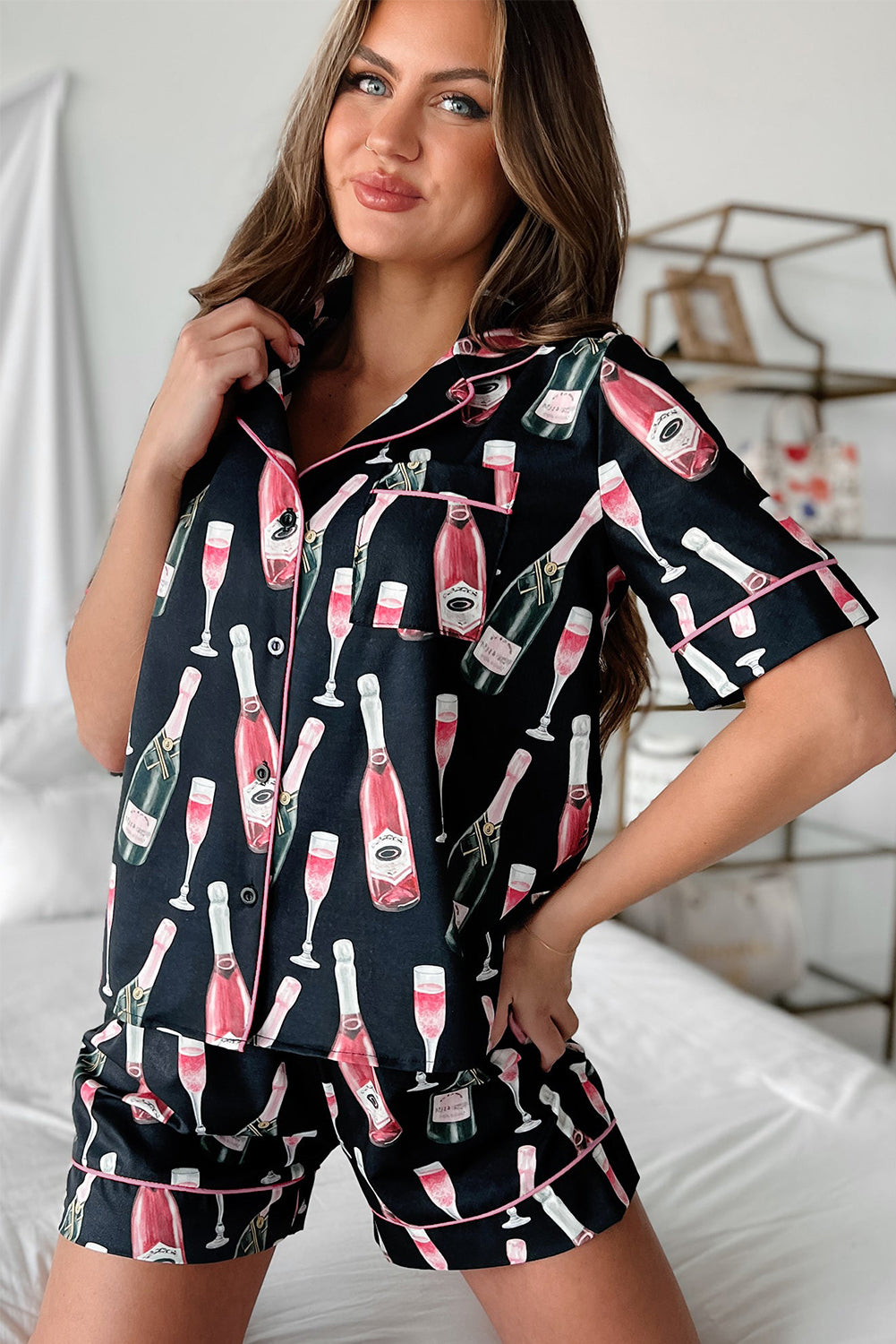 Black Champagne Print Silky Short Sleeve Pajamas Set - Little Miss Vanilla