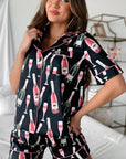 Black Champagne Print Silky Short Sleeve Pajamas Set - Little Miss Vanilla