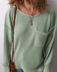 Plus Size Pocketed Ribbed Round Neck Long Sleeve Top - Little Miss Vanilla