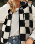 Black Checkered Sherpa Collared Jacket Vest