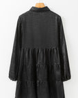 Black Metallic Sheen Puff Sleeve Button Up Mini Shirt Dress - Little Miss Vanilla