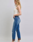 Judy Blue Full Size Plaid Print Cuff Straight Leg Jeans with Pockets - Little Miss Vanilla