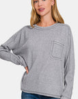 Zenana Full Size Contrast Stitching Brushed Ribbed Hacci Knit Top - Little Miss Vanilla