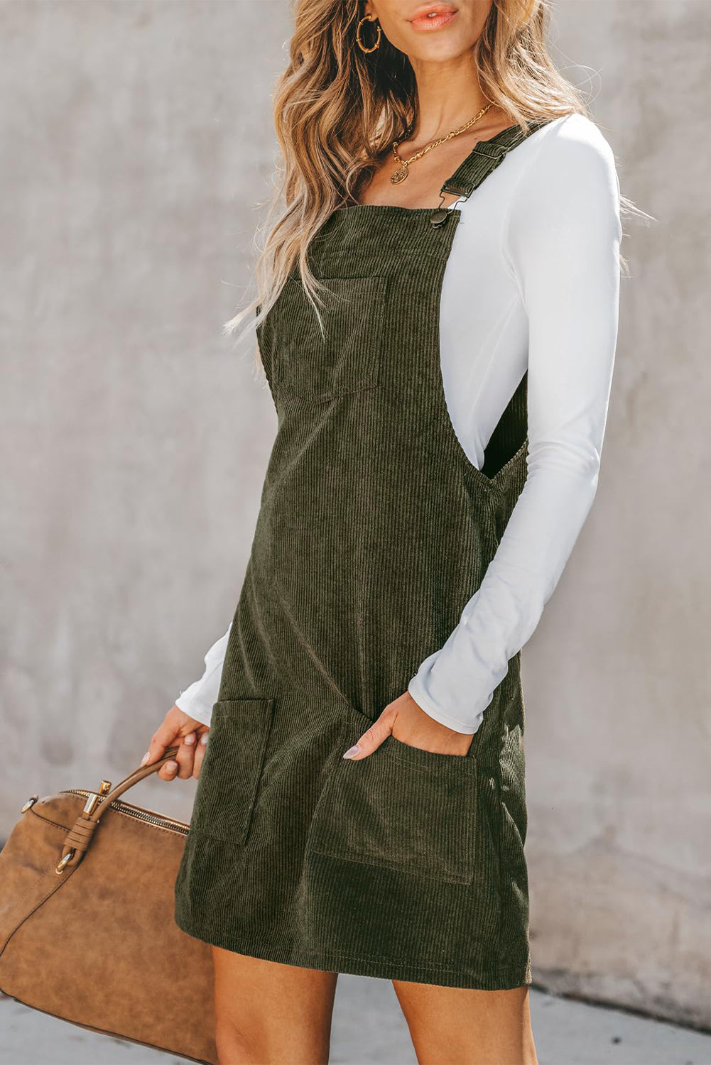 Vineyard Green Solid Front Pockets Sleeveless Corduroy Overall Dress - Little Miss Vanilla