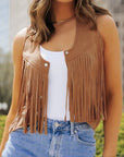 Camel Fringed Snap Button Front Suedette Vest - Little Miss Vanilla