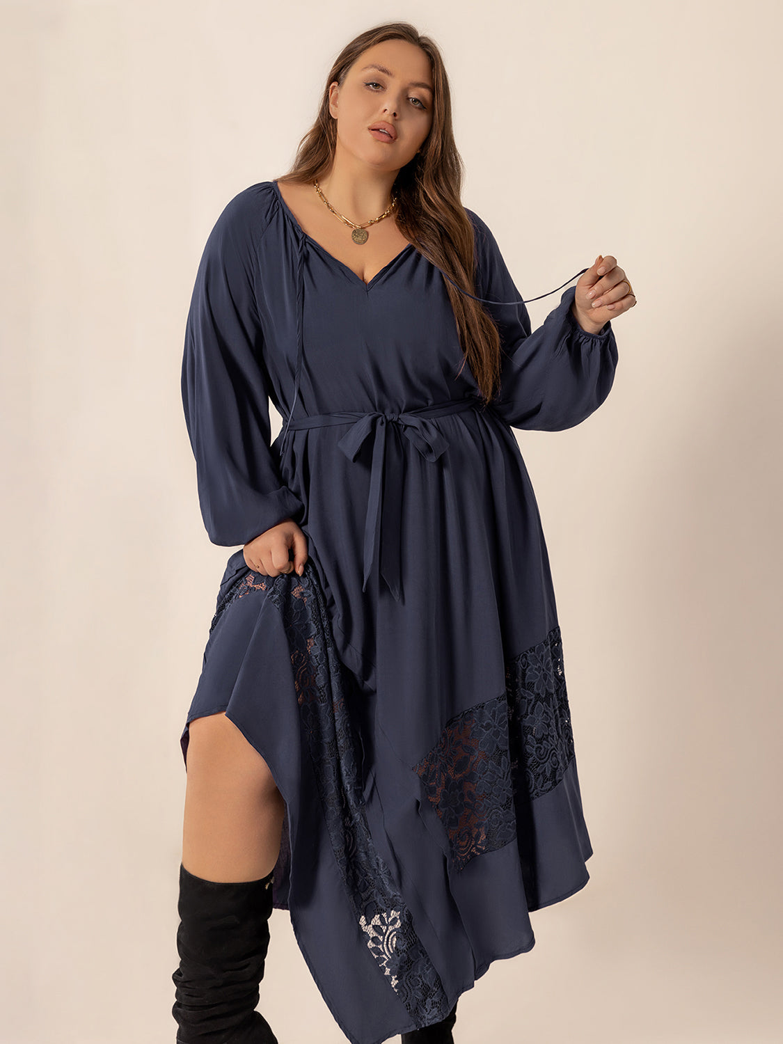 Plus Size Lace Detail Tie Neck Long Sleeve Midi Dress - Little Miss Vanilla