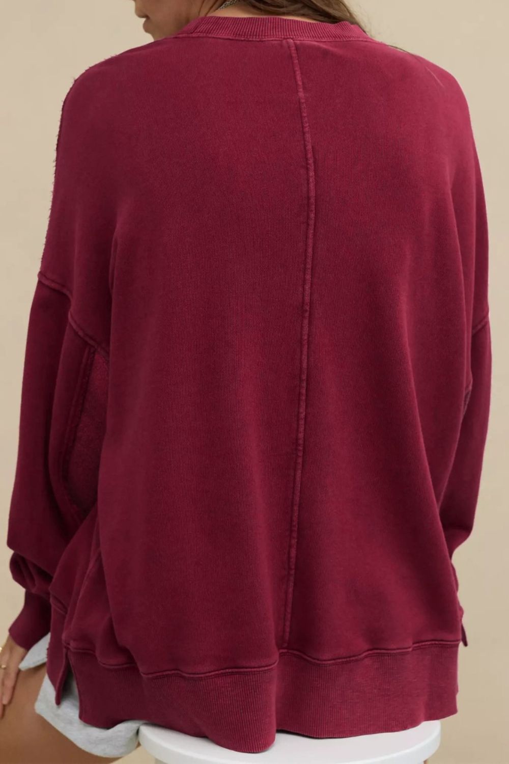 Side Slit Round Neck Long Sleeve Sweatshirt - Little Miss Vanilla