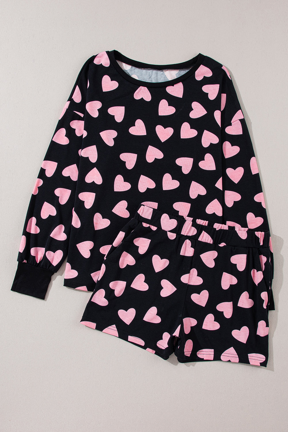 Black Valentine Heart Shape Print Long Sleeve Top Shorts Lounge Set - Little Miss Vanilla